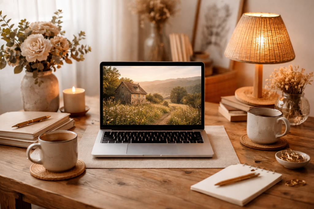 cosy work from home desk setup with laptop showing rural screensaver for starting an online business