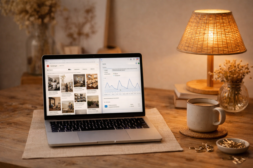 cosy work from home desk setup with laptop showing analytics and traffic growth for online business beginners